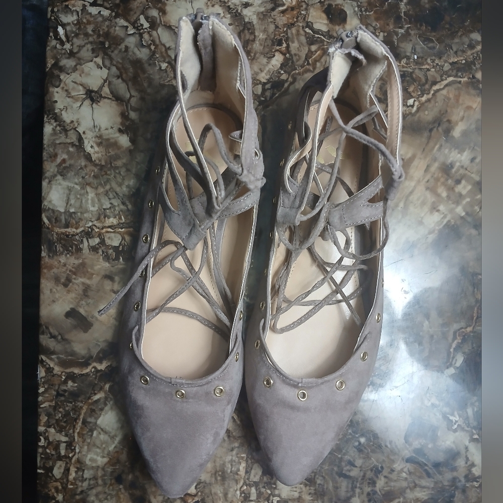 Tan Suede Feel Pointed Toe Lace-Up Ankle Tie Ballet Flat 9.5